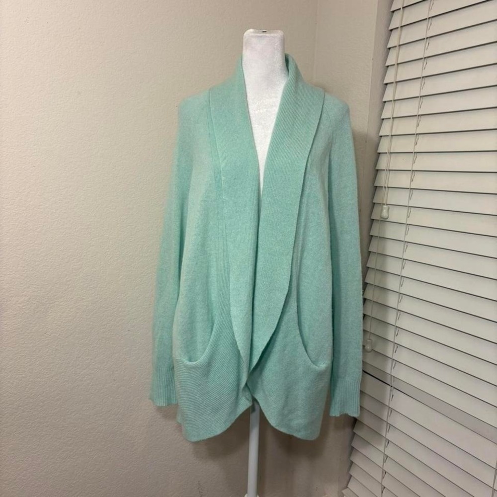 White + Warren sz M 100% cashmere teal longline open front cardigan long sweater